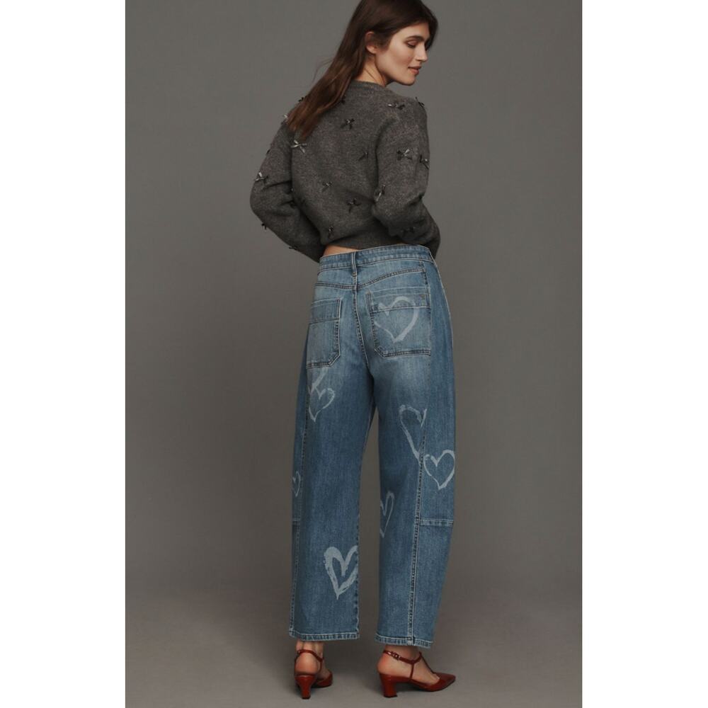 Anthropologie Pilcro Kenna Mid-Rise Heritage Barrel Jeans Icon Hearts Size 30 - Picture 2 of 16